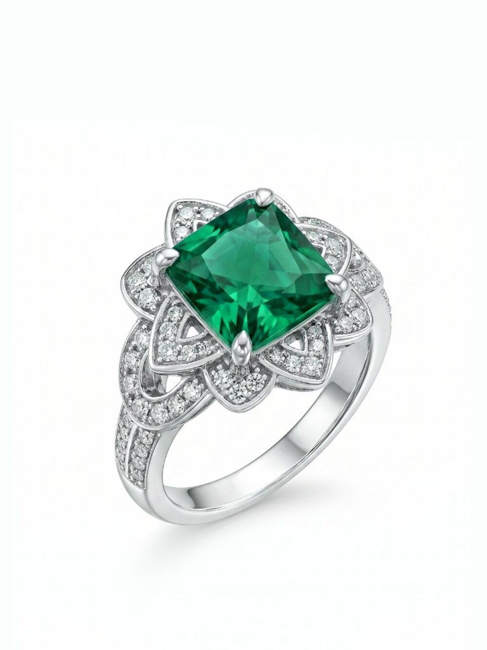 Princess Cut Floral Halo Ring - Emerald Green, Liz Halston 925 Sterling Silver
